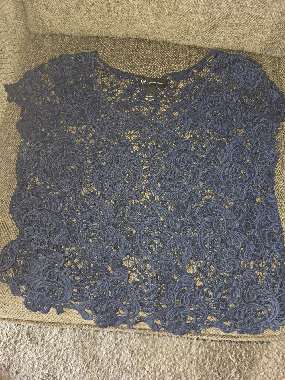 INC International Concepts Navy Floral Lace Short Sleeve Top